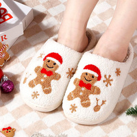 Chaussons de Noël pour femmes, mignons, en peluche, brodés avec un arbre de Noël et un bonhomme en pain d'épices, chauds pour l'hiver, antidérapants, pour la maison