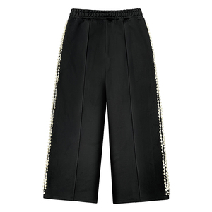 Premium Luxury Pearl Beaded <b>Side</b> Wide Leg Culottes Black <b>Trouser</b> Elastic Waist <b>Zip</b> Pocket Knit <b>Trousers</b> Elegant Casual Pants - Product Image 2
