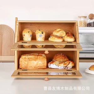 Bamboo Bread Box Double Layer Acrylic Transparent <b>Storage</b> <b>Kitchen</b> Bakery Use - Product Image 3