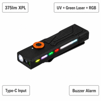 Lampe torche LED USB rechargeable 375lm, lampe de travail, laser vert UV 365nm, lumière latérale RGB, alarme sonore, clip magnétique, EDC