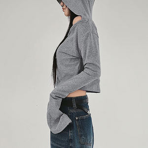 T-shirt décontracté à capuche en maille unie, simple et polyvalent, sexy, à épaules dénudées et manches longues - Product Image 6