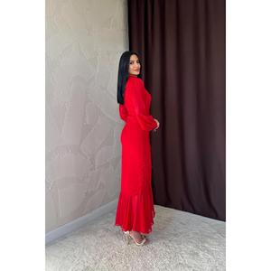 Robe de soirée fourreau en mousseline rouge à col montant avec volants et taille naturelle - Product Image 1