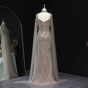 Robe de soirée sirène pour femme, modèle LSZ033, magnifique, style arabe, avec perles champagne et plumes 3D plissées. - Product Image 2