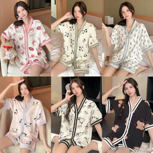 <span class=keywords><strong>Pijama</strong></span> de Satén con Estampado Floral para Mujer de Verano Camisón de Gasa de Manga Corta con Pantalones Largos Ropa de Dormir para Damas - Product Image 1