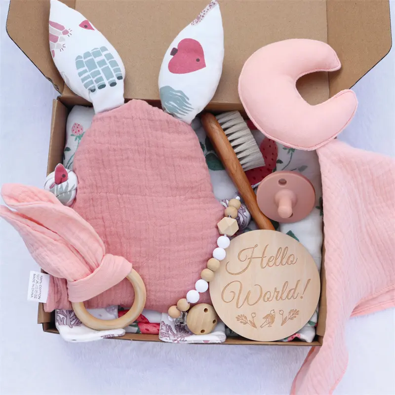 Комплект из 6 предметов; Подарок для девочек комплект с милым принтом кролика, стеганое ватное одеяло, игрушки деревянный Прорезыватель для зубов для новорожденных Детский успокоитель цепи набор игрушек