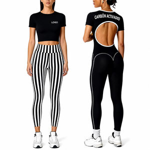 Combinaison de yoga sans couture en spandex pour femme, col rond, manches courtes, tenue de fitness, taille haute amincissante, ensemble 1 pièce, couleur unie sur le devant - Product Image 1