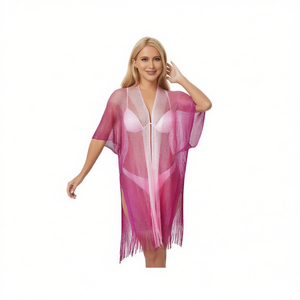 Cárdigan de malla con degradado Angelina y detalles de flecos para mujer, ropa de verano para la playa - Product Image 1