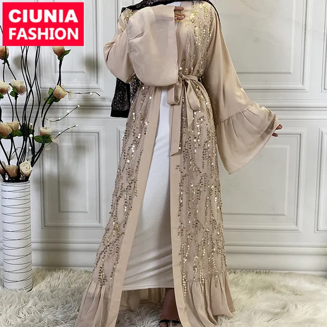 1856 # Baru Abaya Desain Burqa Terbaru Kimono Muslim Payet Desain Kaftan Gaun Mewah Depan Terbuka Pakaian Di Turki