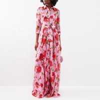 Fabrication Usine Robe chemise longue élégante à boutons avec ceinture à nouer sur le devant Maîtresse imprimé de roses Robes de cocktail roses grande taille pour femmes