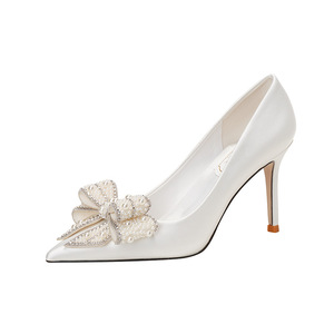 Bride New White Wedding <b>Shoes</b> Women's Stiletto Pointed Toe Satin Pearl Bow High Heels for Ladies - Product Image 2