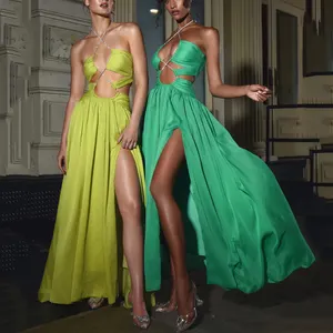 Kendi marka tasarım özelleştirme yüksek kalite saten parti ziyafet elbiseler kadınlar seksi Hollow out yüksek bölünmüş balo akşam elbise