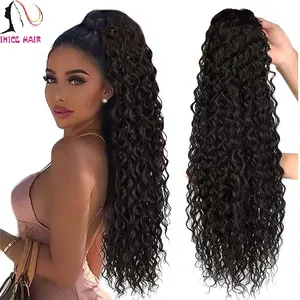 Grosir Ekstensi Rambut Ekor Kuda Poni Tulang Brasil 100% Vendor Rambut Tali Serut Keriting Wanita Hitam Pemanjangan Rambut Manusia