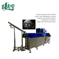 Machine de marquage laser à fibre à double tête avec alimentation automatique, lecture de codes, inspection visuelle et système de rejet pour capuchons en aluminium