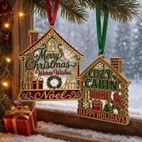Ornement de Noël en métal doré en forme de maison, gravé avec le message « Love Warm Home », avec ruban doré pour arbre de Noël