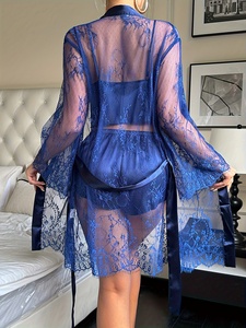 Tentazione di lusso in rete trasparente camicia da notte con scollo a V Pantaloncini all'americana <span class=keywords><strong>pigiama</strong></span> da <span class=keywords><strong>donna</strong></span> vendita calda elasticizzata in vita Set tessuto <span class=keywords><strong>estivo</strong></span> - Product Image 4