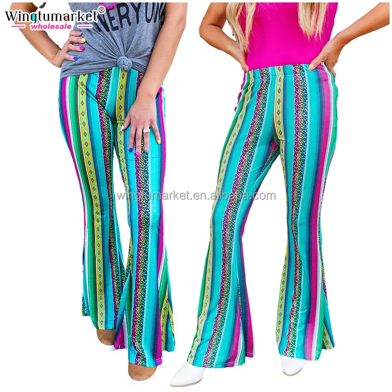 Wholesale party elastic waistband flared pants striate flares wide leg women bottoms striped leopard serape print pants