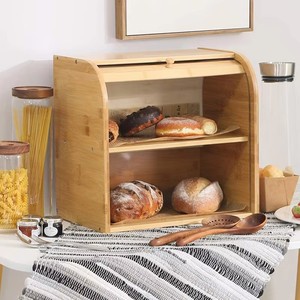 Bamboo Bread Box Double Layer Roll Top <b>Kitchen</b> Storage Natural Color Countertop Food Organizer - Product Image 3