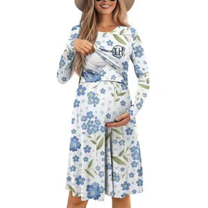 Abito da donna in cotone floreale aperto personalizzato con modeste maternità per l'<span class=keywords><strong>allattamento</strong></span> al seno manica lunga con stampa o-neck rosa - Product Image 2