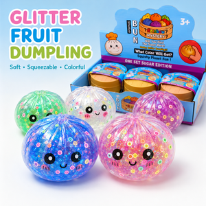 Jouet sensoriel anti-stress souple et coloré en forme de boulette de fruits scintillante de 8,5 cm avec emballage cadeau vapeur - Product Image 1