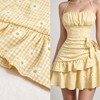 Gaun Mini Wanita Formal Vintage Musim Semi Gugur Motif Kotak-kotak Kuning dengan Pita di Leher, Aksen Kerut di Bagian Atas, Ikat Samping, dan Rok Berlapis Ruffle