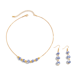 Set di Collane in Stile Retrò Cinese con Perline, Moda Europea e Americana, Catena in Metallo con Ceramica Geometrica Blu e Bianca - Product Image 4