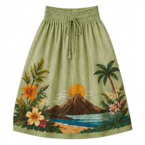 KINTARI ENTERPRISES Jupe trapèze personnalisée pour femme en mousseline douce brodée de fleurs hawaïennes, taille élastique, style preppy, été - Product Image 1