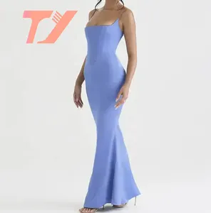 TUOYI महिला फैशन वस्त्र डिजाइनर फैक्टरी ओम कस्टम पेरिविंकल साटन मैक्सी ड्रेस शाम के कपड़े महिला लेडी एलिगेंट