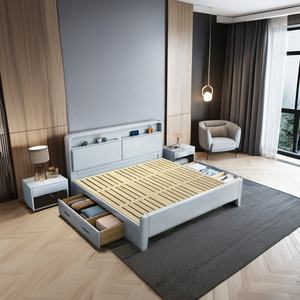 Lit simple moderne en bois avec rangement, grand lit double avec panneau en bois massif pour meubles de chambre d'hôtel et d'appartement - Product Image 6