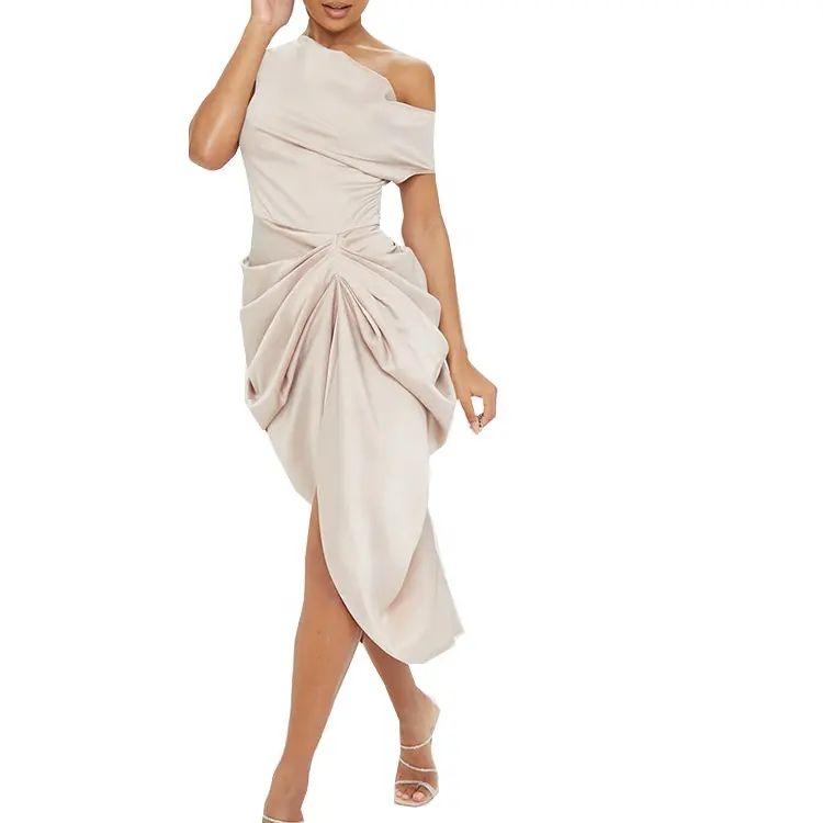 Sexy Off The Shoulder Draped Asymmetric Plain Skirt Champagne Satin Bodycon Midi Party Dress