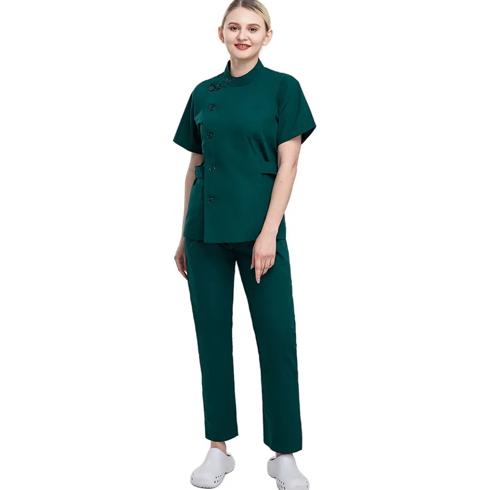 Uniformi per scrub mediche antirughe di alta qualità verde scuro di Design personalizzato