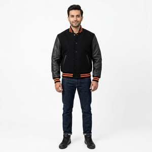 2025 OEM Custom Genuine <b>Leather</b> Shell 100% Cotton Chenille Embroidery Stand Collar <b>Long</b> Sleeve Winter Streetwear <b>Jacket</b> Men - Product Image 1