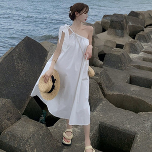 One-Shoulder Beach <b>Dress</b> For Women <b>Elastic</b> Waist Solid Color Long Slip <b>Dress</b> Summer Vacation Cover Up Blue And White - Product Image 4