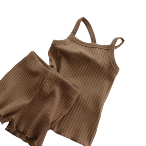 Set Pigiama Estivo per Bambine in Cotone Pettinato con Spalline a Costine, Traspirante, di Buona Qualità, Stile Casual, Tinta Unita - Product Image 1