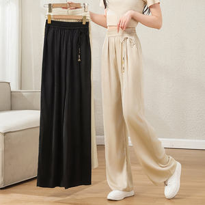 กางเกงเอวสูงผ้าไอซ์ซิลค์สำหรับผู้หญิงใส่ในฤดูร้อนกางเกงเอวสูงแบบจีนใส่ลำลองใส่เล่นทรงขากว้างกางเกงชาเบนเอวยางยืด - Product Image 3