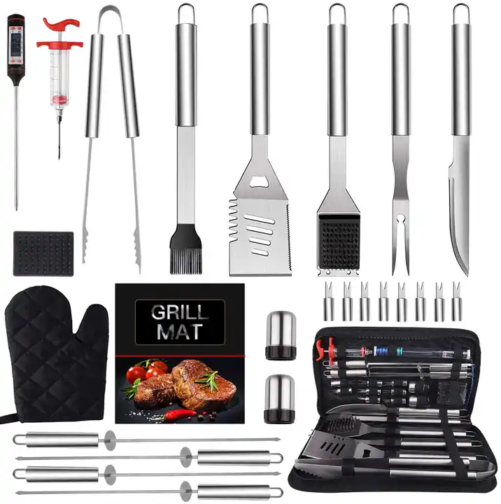 BBQ Grill Utensils Set for Camping/Backyard, Stainless Steel Grill Tools  Grilling Accessories, Thermometer for Men