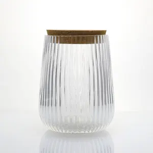 wholesale decorative hand blown tall round ribbed clear glass storage container set with cork lid