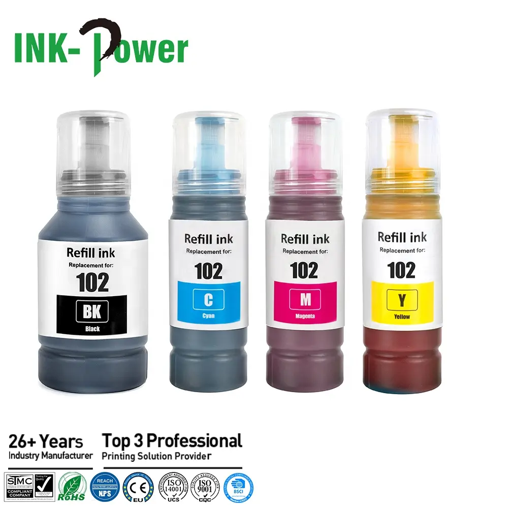 หมึก-POWER 102 พรีเมี่ยมขวดสีที่รองรับ Dye เติม Encre หมึก Eco สําหรับ Epson EcoTank ET-2750 เครื่องพิมพ์