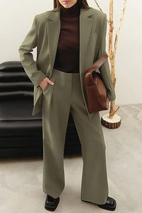 Uitverkoop Dames Herfstmode Pak Set - Casual Effen Kleur Blazerjas Met Lange Mouwen En Hoge Taille Broek 2-delige Outfit - Product Image 4