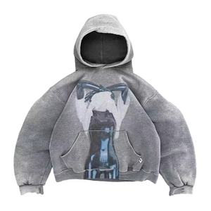 OEM High Quality Vintage Washed Cropped Cotton French Terry <b>Hoodie</b> Custom Printing Heavyweight Men <b>Hoodie</b> - Product Image 1