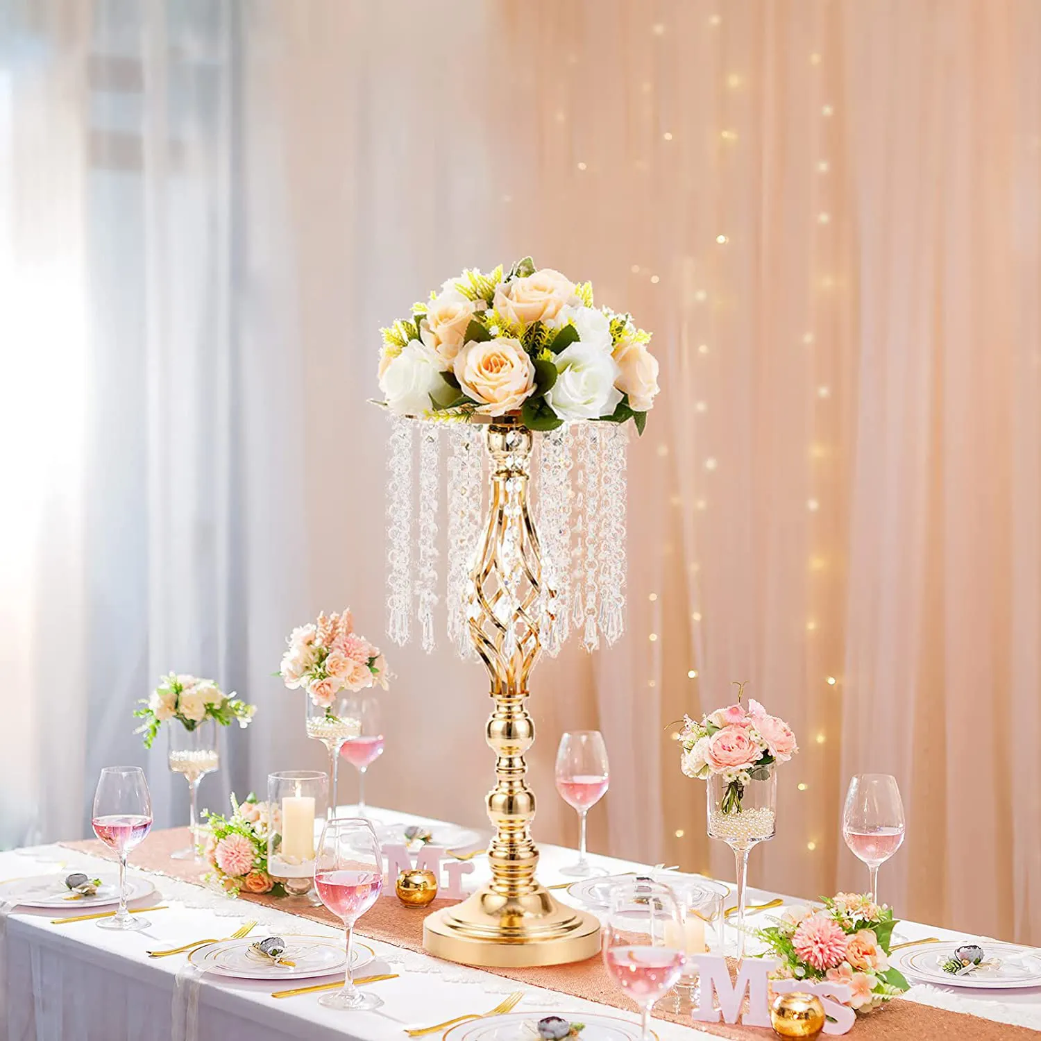 Nicro düğün parti masa Centerpieces lüks Metal çiçek rafı standı çiçek çerçeve kristal zinciri ile otel ev dekorasyon için