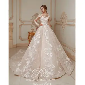 Hot Sales Beauty Bridal Luxury Ball Gown High Quality 3D Lace Wedding Dress Contrast Color