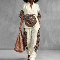 Ensemble décontracté 2 pièces - Blouse à col en V et manches courtes, pantalon ample taille haute à jambes larges avec poches, couleur contrastante, taille élastique