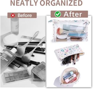 Lot de 3 trousses de maquillage florales imperméables, petites pochettes transparentes avec fermeture éclair, sacs de voyage portables pour articles de toilette - Product Image 2