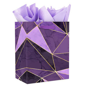 Sac cadeau élégant en papier marbré violet avec lignes dorées, sac de shopping de luxe - Product Image 2