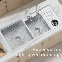 Évier double en acier inoxydable SUS304 MOSHE sans revêtement, fait main, rectangulaire, avec rince-verre et robinet purificateur d'eau, finition satinée