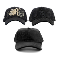 Topi Baseball Custom Pria Gorras Model Lengkung, Mahkota Tengah, Label Logam, Berhiaskan Batu Rhinestone, Hitam, 100% Katun, Visor Berbingkai 5 Panel Model A