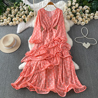 Robe longue à manches longues et col en V à pois pour femme : Robe d'été style gâteau à manches bouffantes