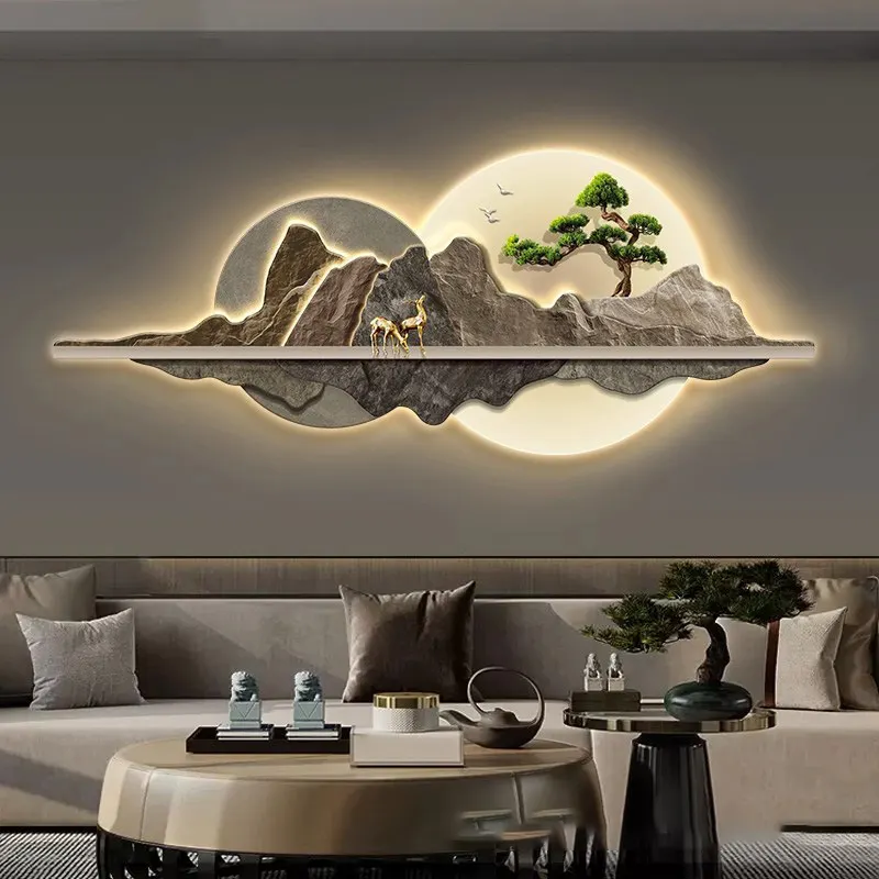 Décoration de la maison arbre montagne scénique luxe cerf Animal mur photo led art mural cristal porcelaine peinture pour la décoration intérieure