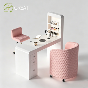 Ensemble table et chaise de manucure en bois blanc moderne, table de salon de beauté rose de luxe à une place, bureau de manucure à vendre - Product Image 1