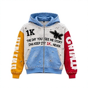 Sudadera con capucha de forro polar con cremallera, extragrande, con gráfico desgastado, 100% algodón, con bloques de color personalizados, estilo streetwear con tachuelas, lavado vintage, a la moda - Product Image 3
